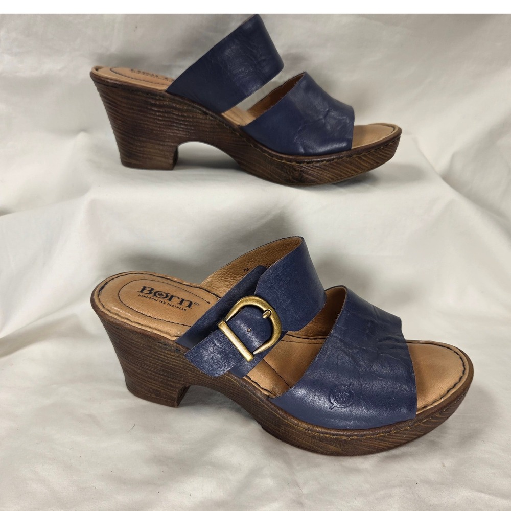 Born Women's Blue Leather Heeled Clog Sandal Open Heel Toe Sz 7M Casual Buckle